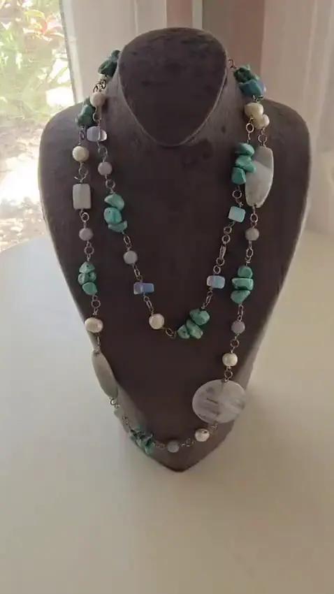 Sautoir Turquoise, Pierre de Lune, Quartz et Perles - Colliers