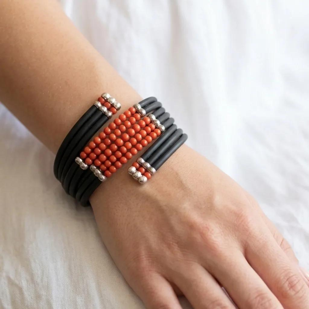 3 Bracelet en Corail et Cuir - Bracelets
