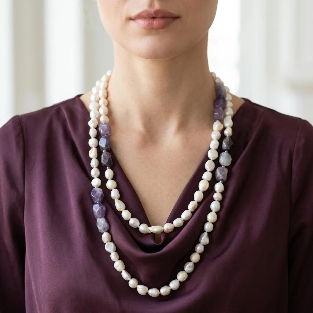 Sautoir Perles Baroque et Amethyste - Colliers