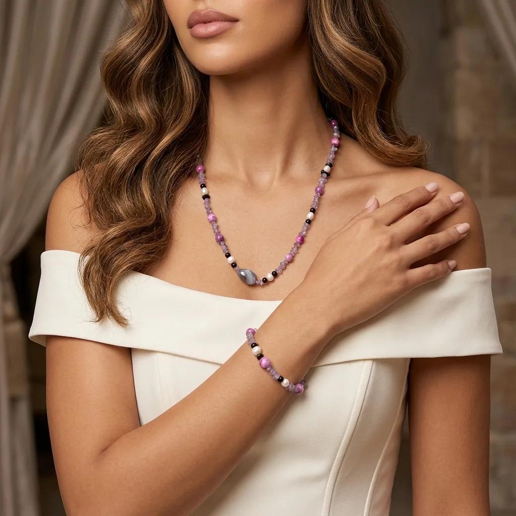 Sautoir amethyste, perles et onyx - Colliers
