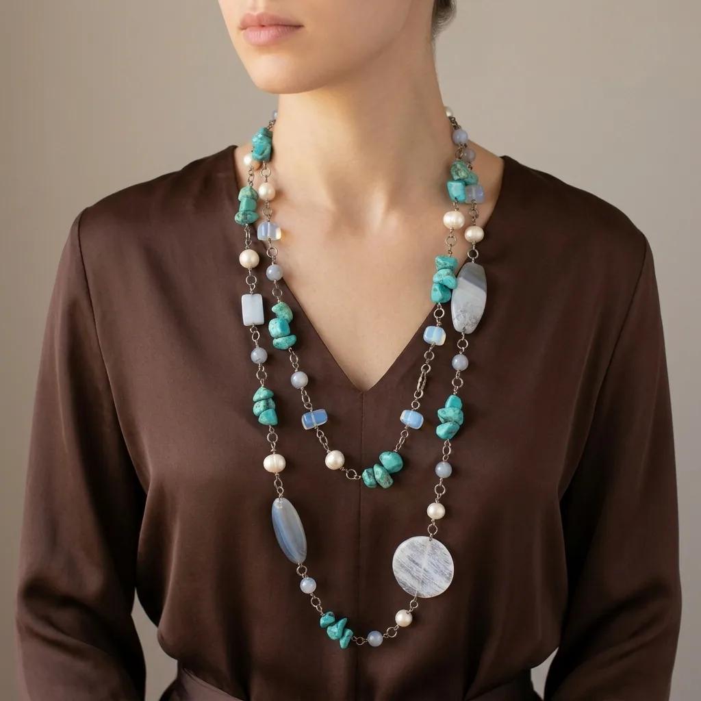 Sautoir Turquoise, Pierre de Lune, Quartz et Perles - Colliers