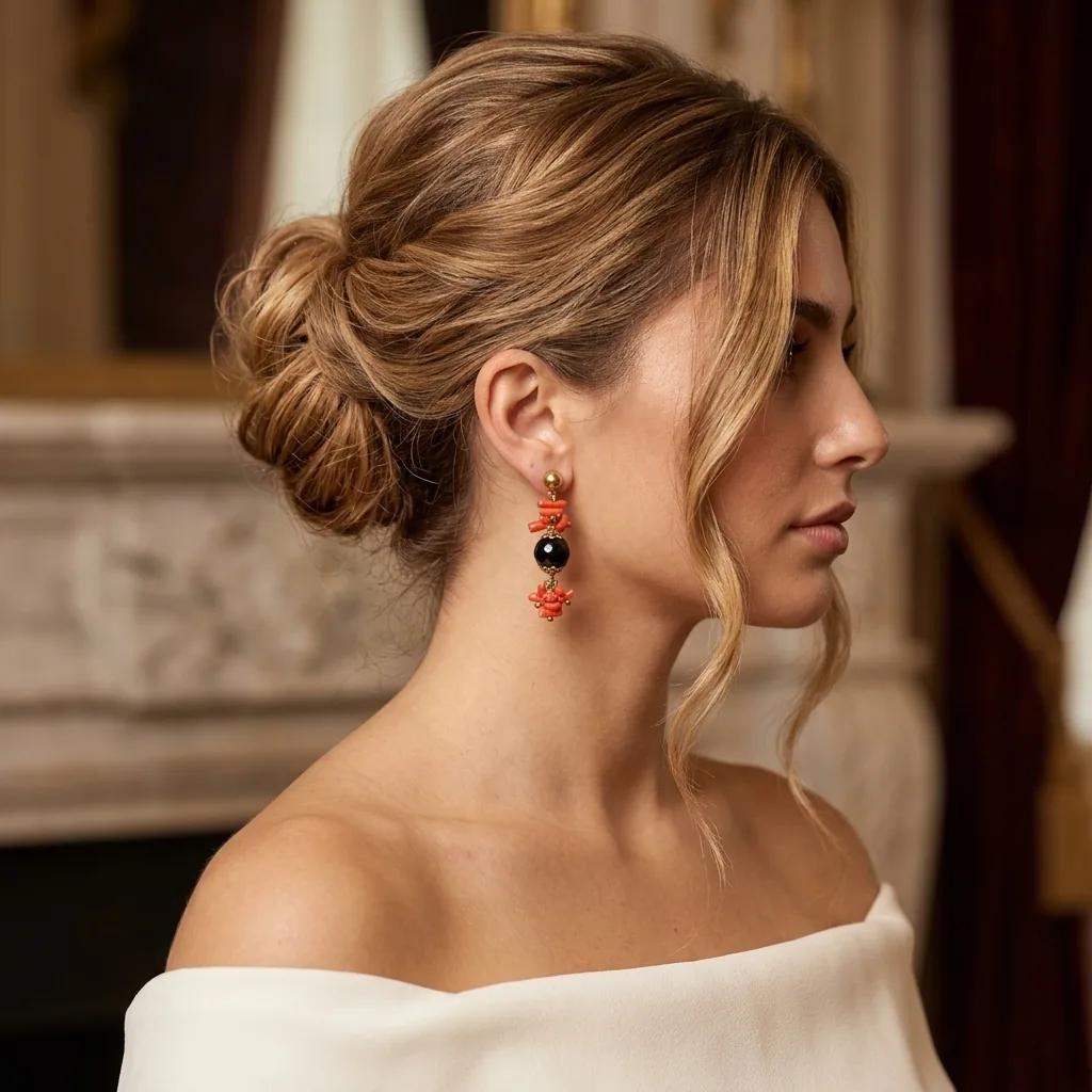 Boucles Corail et Onyx - Boucles d’oreilles